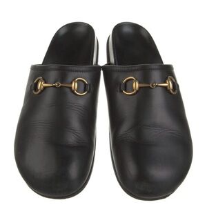 Gucci Black Leather Slip-On Mules with Gold Horsebit